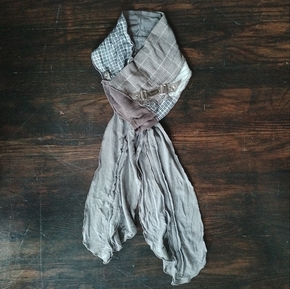 SILK WORM Gray Plaid Patchwork Scarf - Handmade one-of-a-kind - Picture 2 of 7